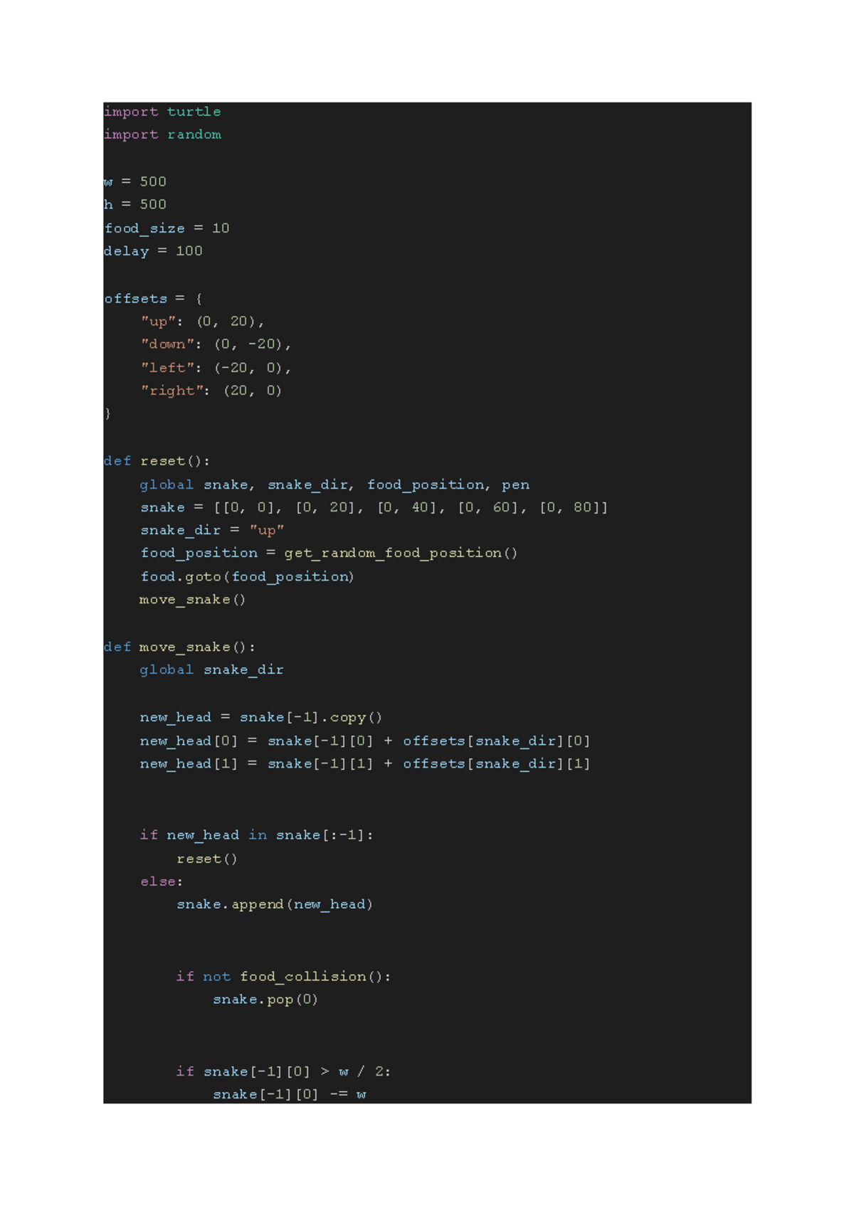 Snake turtle - a game python - import turtle import random w = 500 h ...