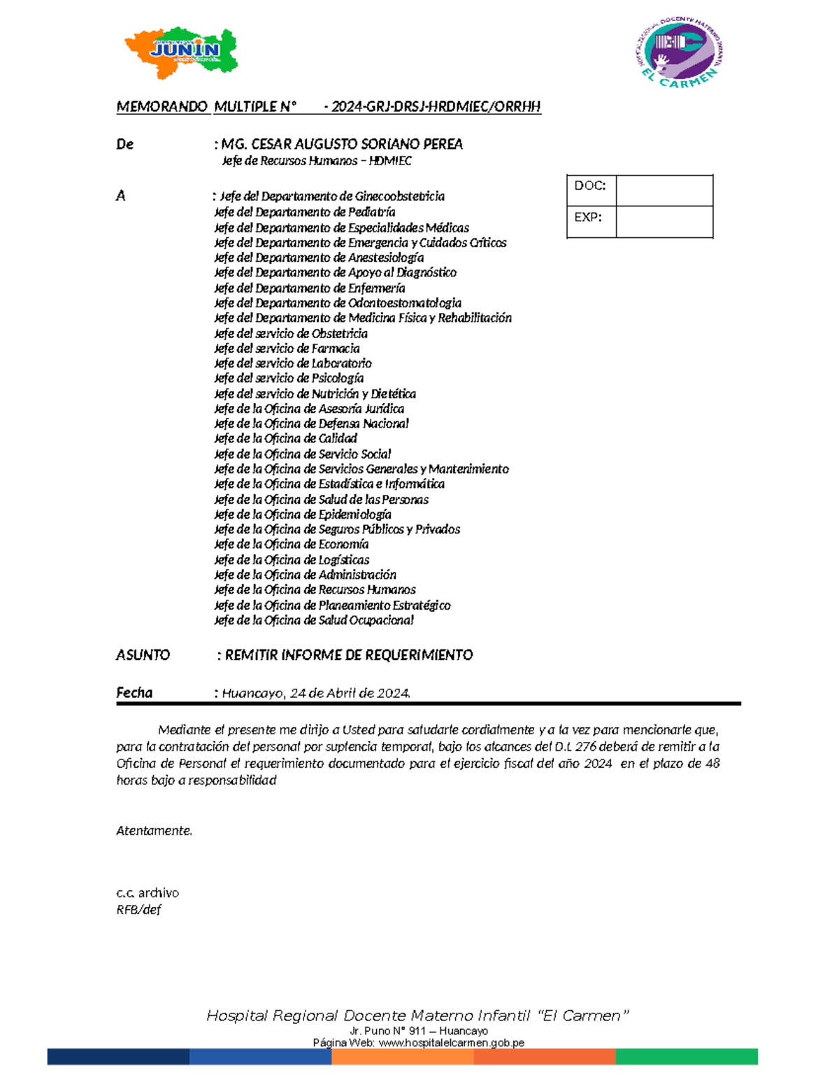 Memorando Jefasa - MEMORANDO MULTIPLE Nº - 2024-GRJ-DRSJ-HRDMIEC/ORRHH ...