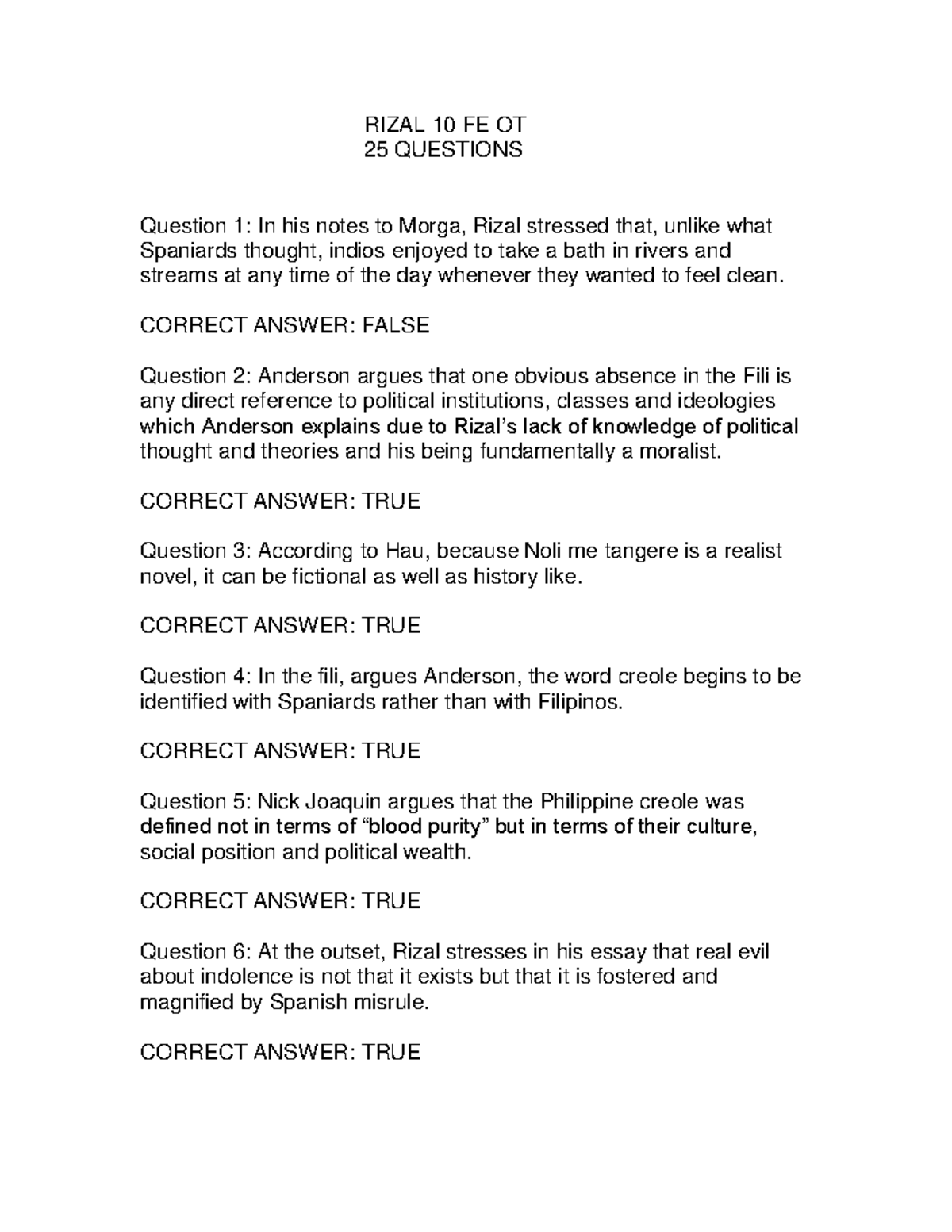 Rizal-OT- Finals - exam pre - RIZAL 10 FE OT 25 QUESTIONS Question 1 ...