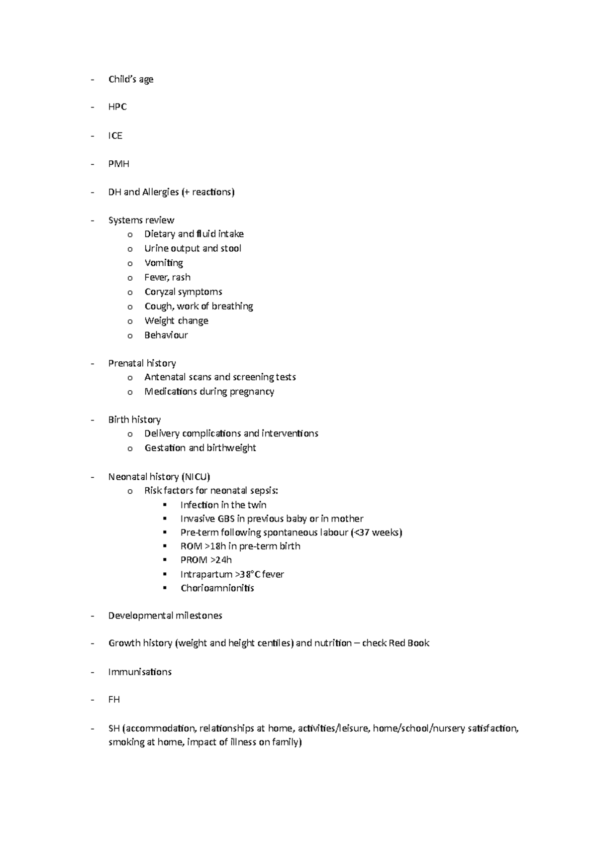 OSCE Paeds history - Child’s age HPC ICE PMH DH and Allergies ...