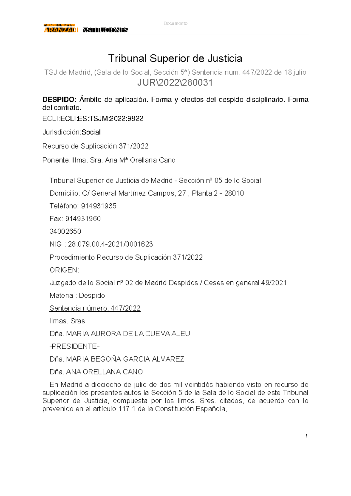 Jur TSJ de Madrid, (Sala de lo Social, Seccion 5a) Sentencia num. 447