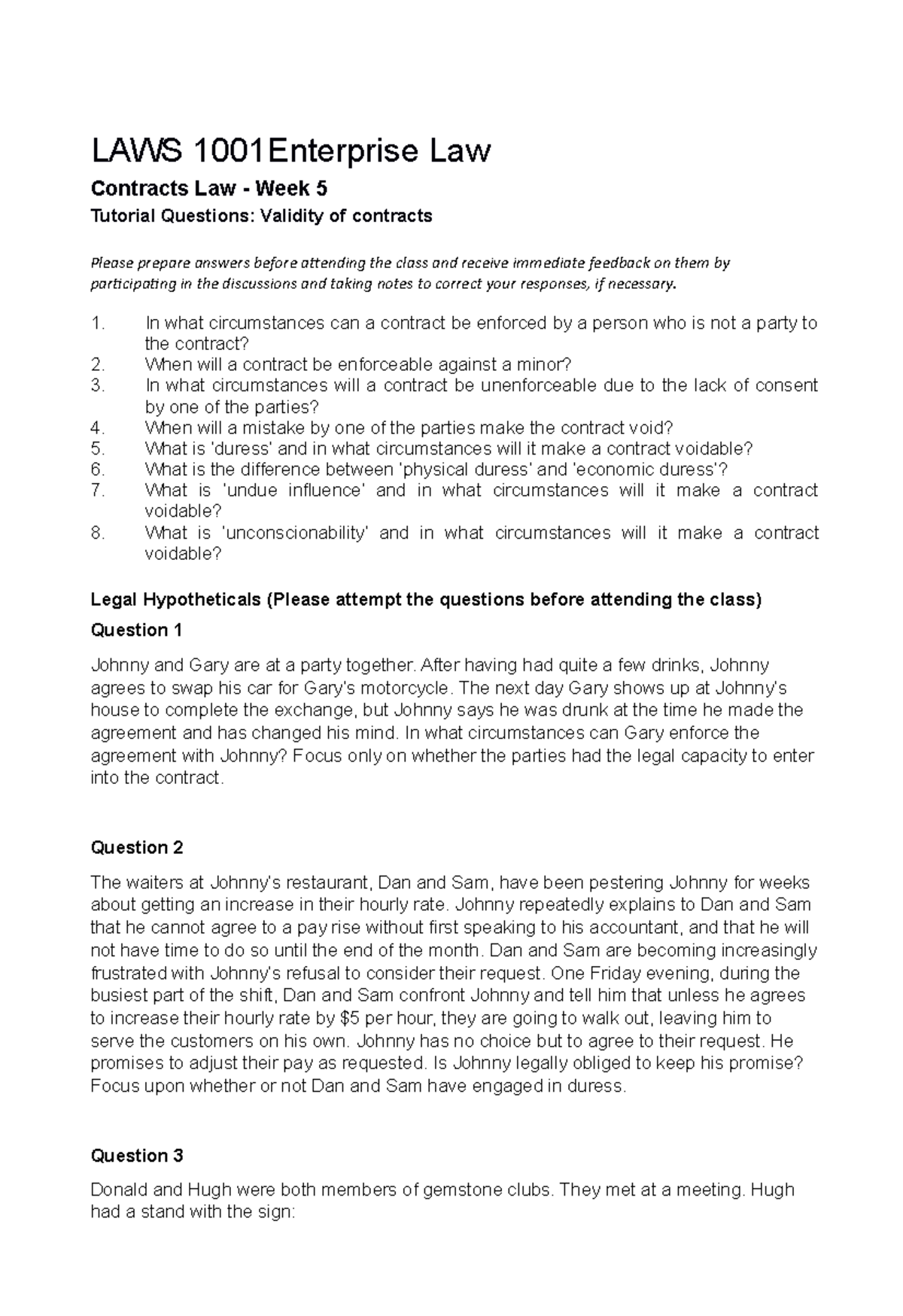 Contract II - Tutorial Guides With Problem Questions - LAWS ...