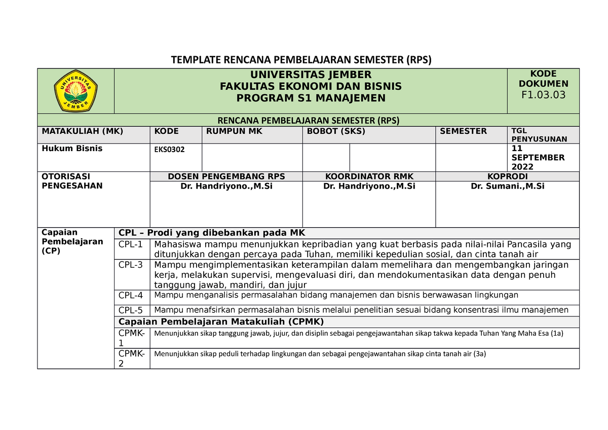 RPS- OBE-Hukum Bisnis-S1- SEPT 22- Final 2 - TEMPLATE RENCANA ...