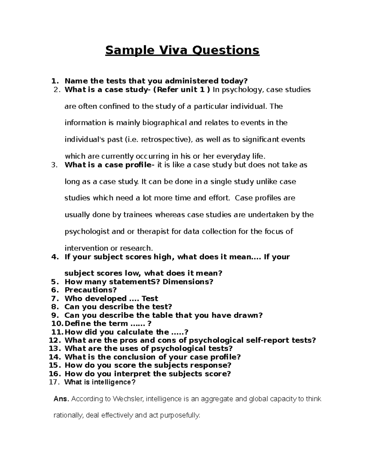 Grade 12 Psychology VIVA VOICE notes Sample Viva Questions Name the