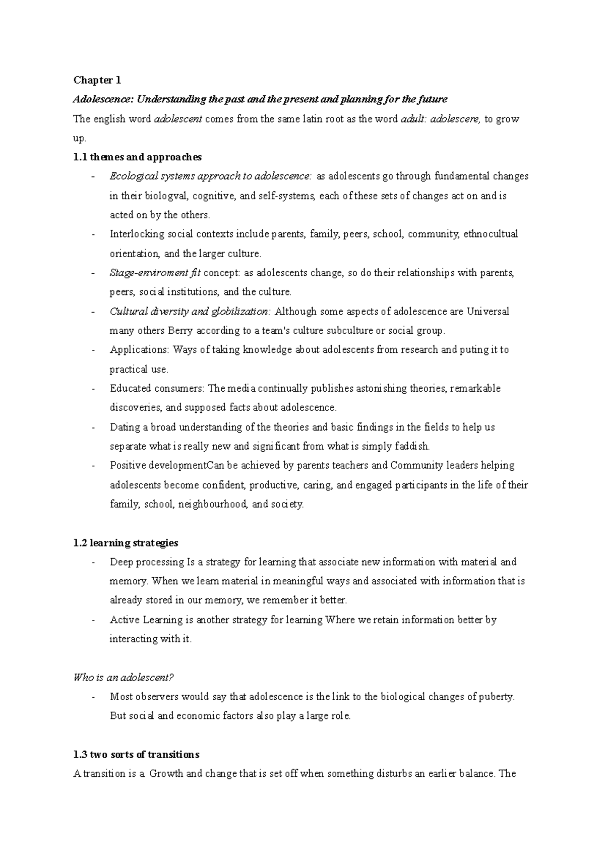Frhd textbook chapter 1 notes - Chapter 1 Adolescence: Understanding ...