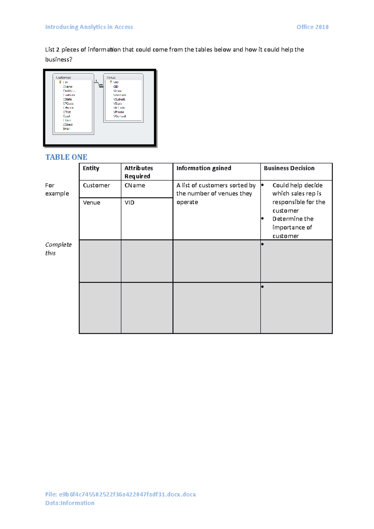 Analytical Tools In Access PLA2 1 For Business Infomation System