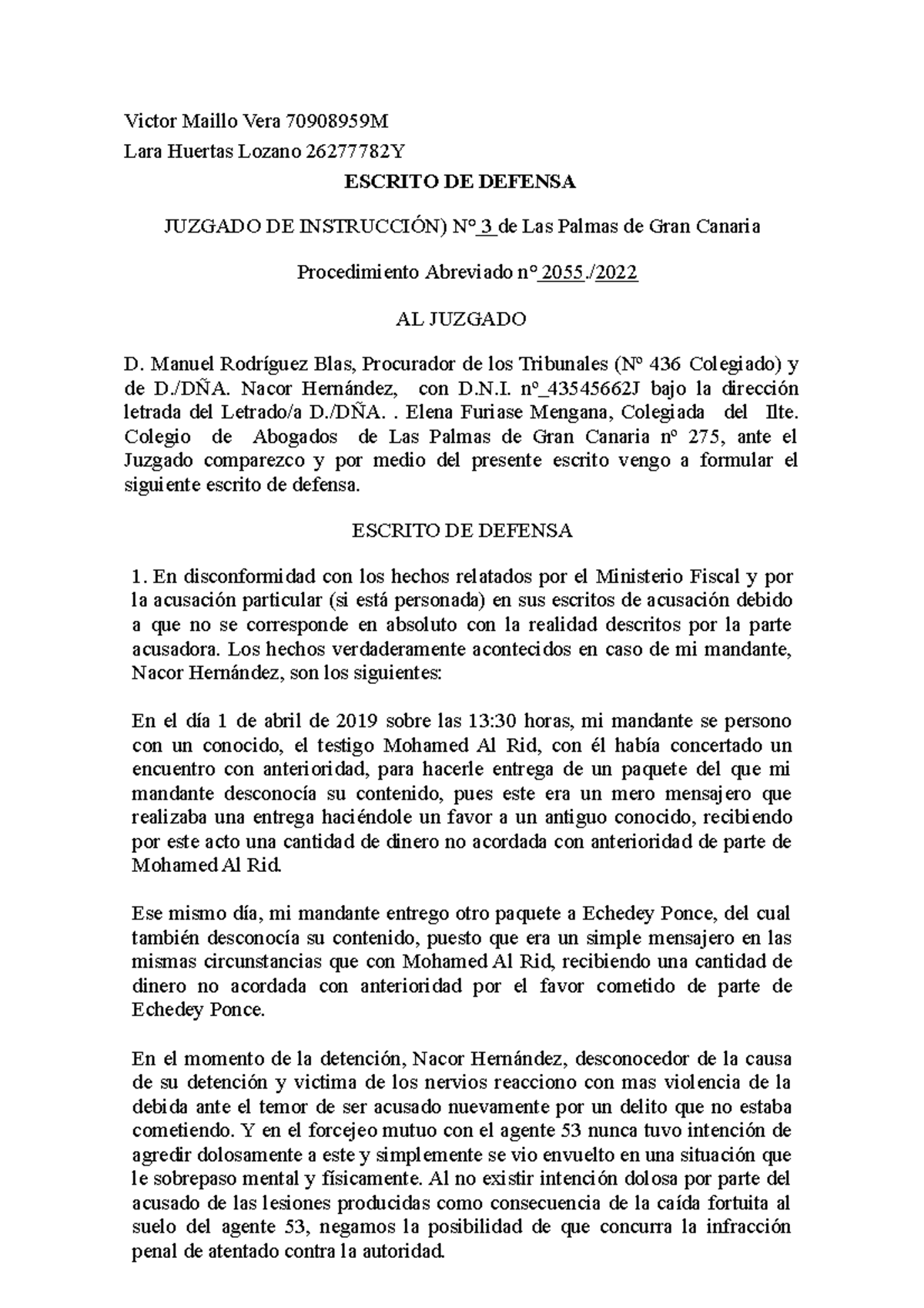 Escrito DE Defensa - Victor Maillo Vera 70908959M Lara Huertas Lozano ...