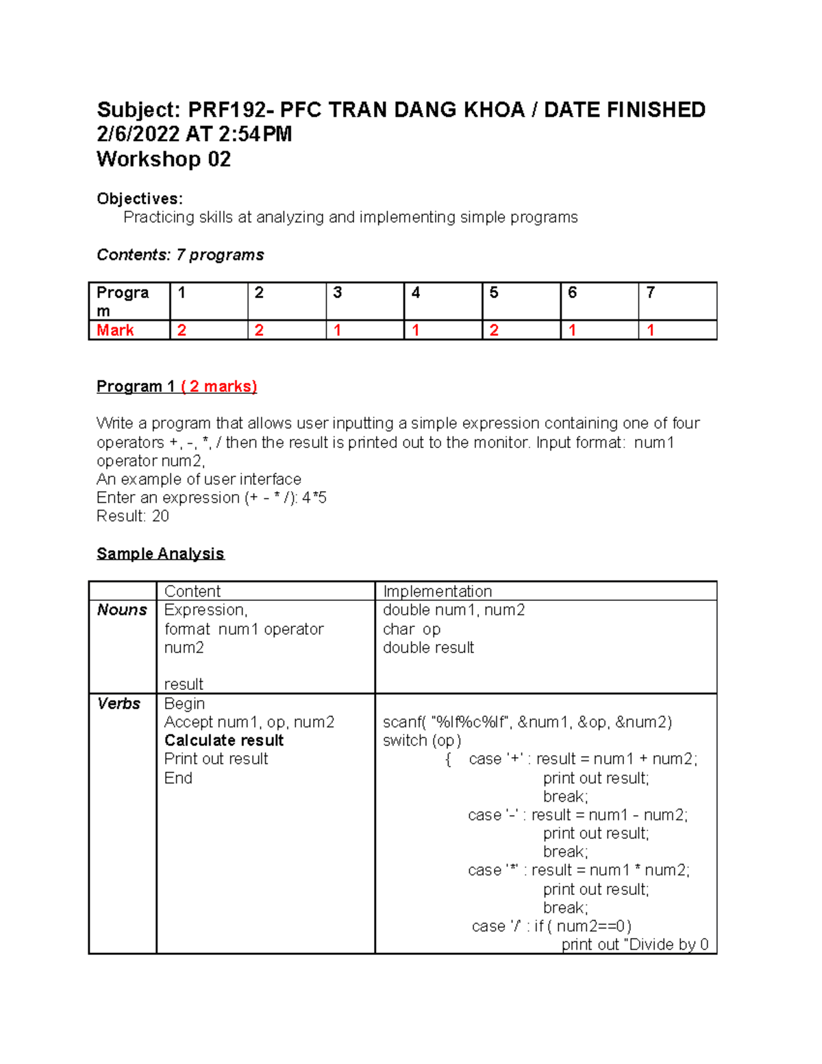 Workshop 2 Prf192 , Tran Dang Khoa - Subject: PRF192- PFC TRAN DANG ...