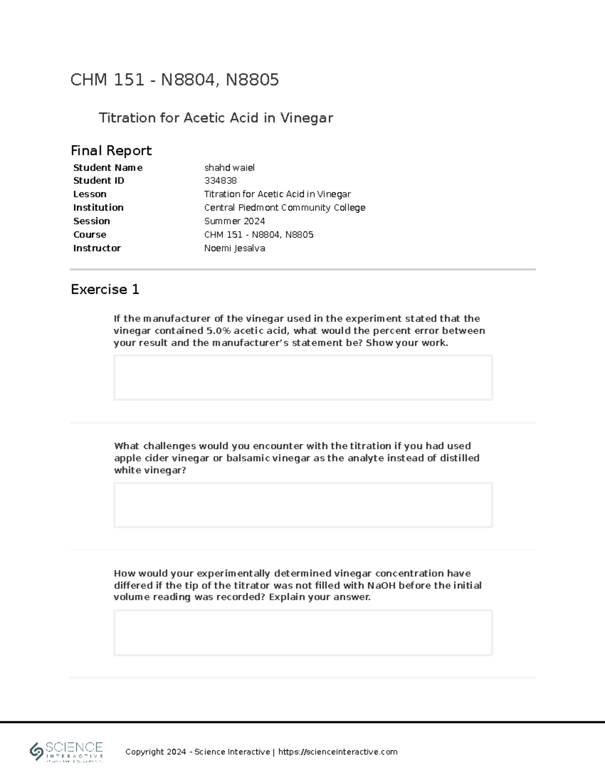 CHM151N8804N8805 Titrationfor Acetic Acidin Vinegar 334838 - Copyright ...