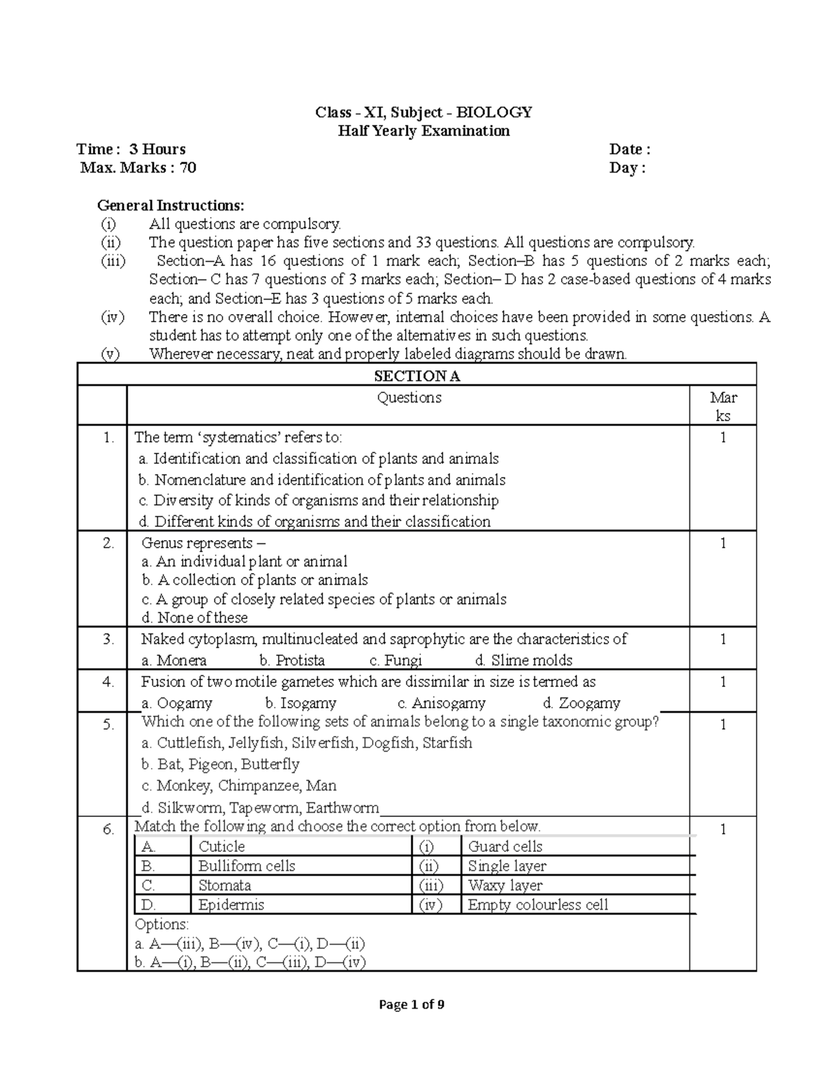 Biology Half-Yearly SQP-1 2022-2023 - Class - XI, Subject - BIOLOGY ...