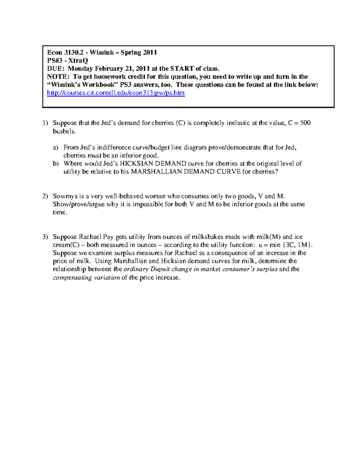 Seminar assignments - Problem set extra questions 3 - Econ 3130 Wissink ...