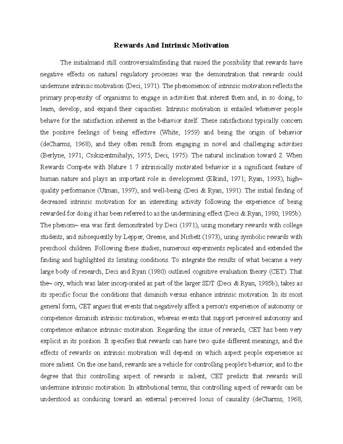 Rewards And Intrinsic Motivation The phenomenon of intrinsic