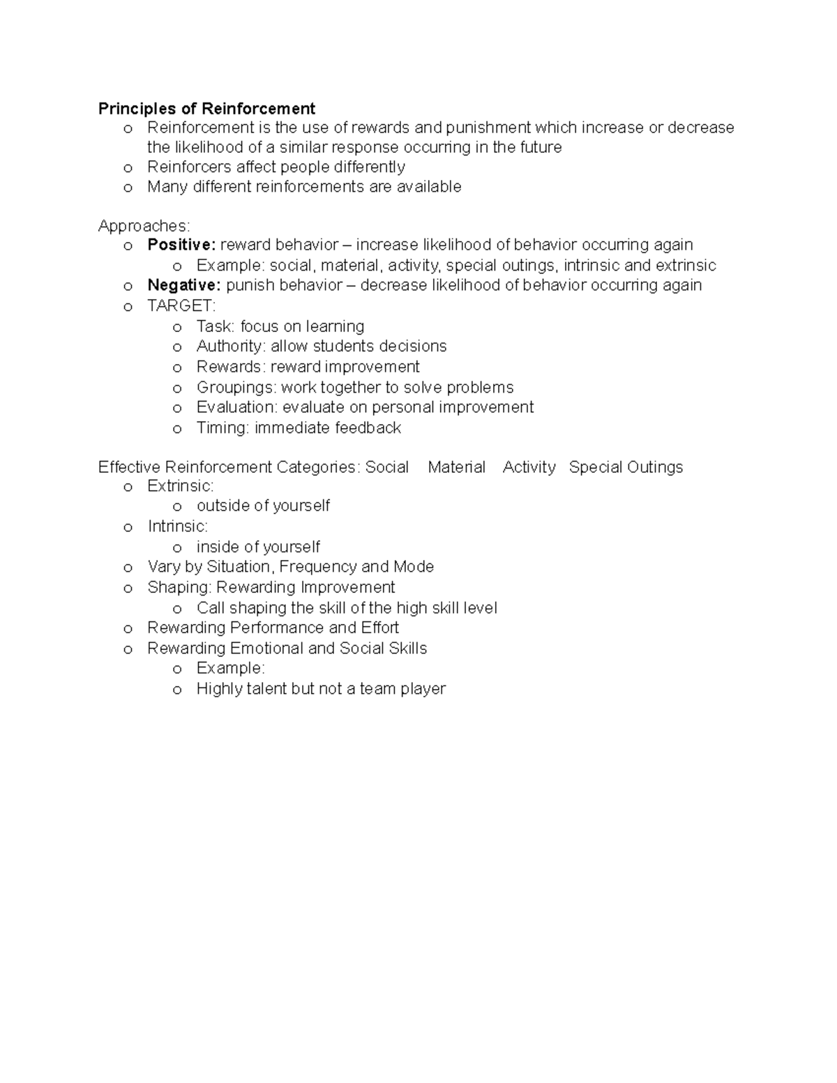 PC 1 - notes - Principles of Reinforcement o Reinforcement is the use ...