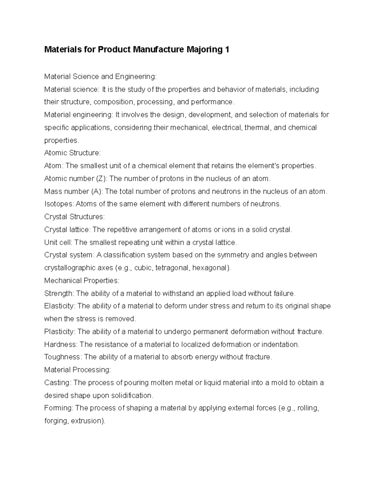 Materials for Product Manufacture Majoring 1 - Material engineering: It ...