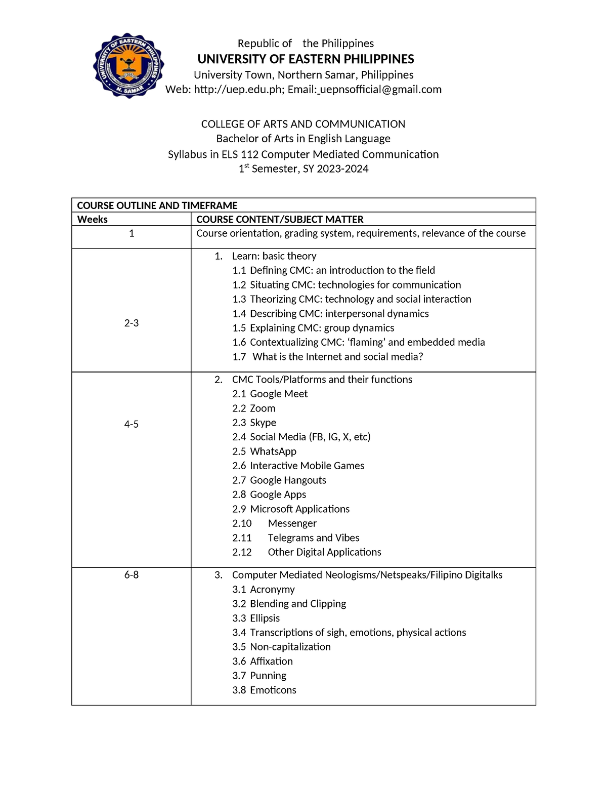 CMC Syllabi - COLLEGE OF ARTS AND COMMUNICATION Bachelor Of Arts In ...