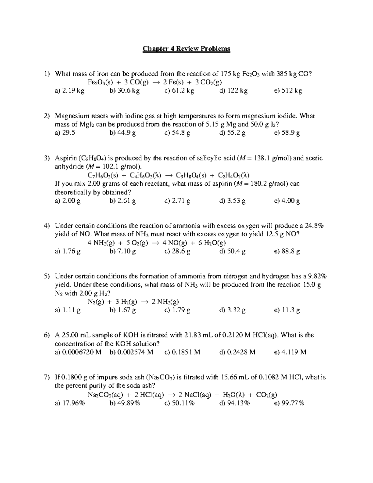 Chapter 4 Review Problems - Chapter 4 Review Problems What mass of iron ...