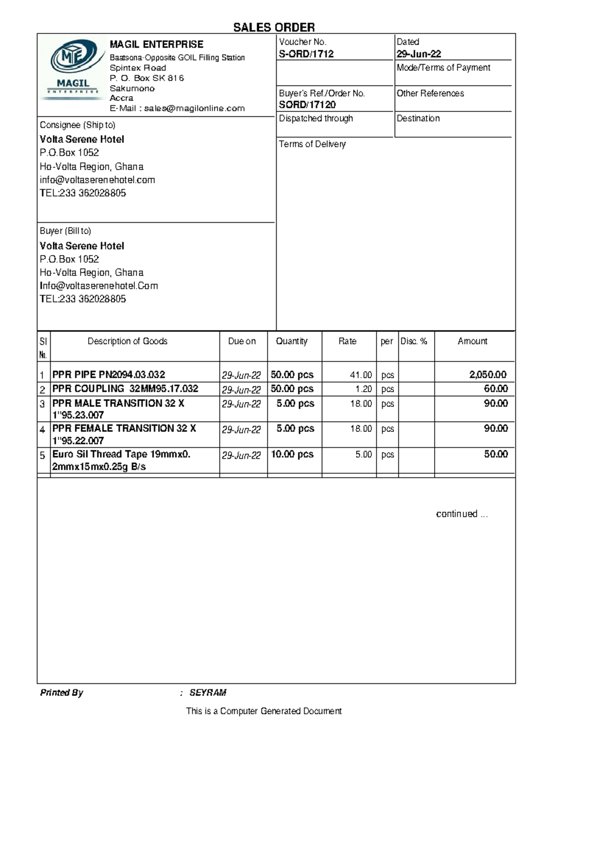 Volta Serene Hotel-2 - The course - SALES ORDER MAGIL ENTERPRISE ...