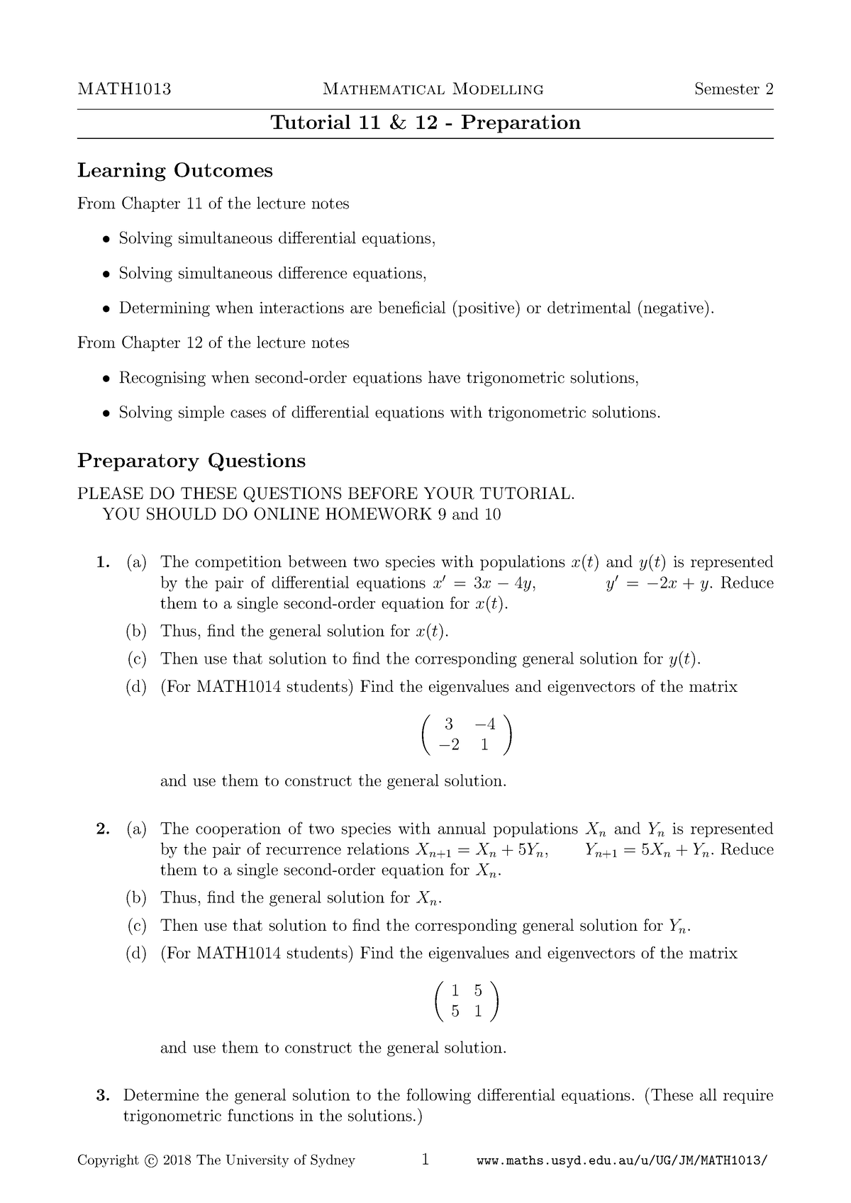 MATH1013 Tutorial 11 & 12 Preparation Worksheet - MATH1013 Mathematical ...