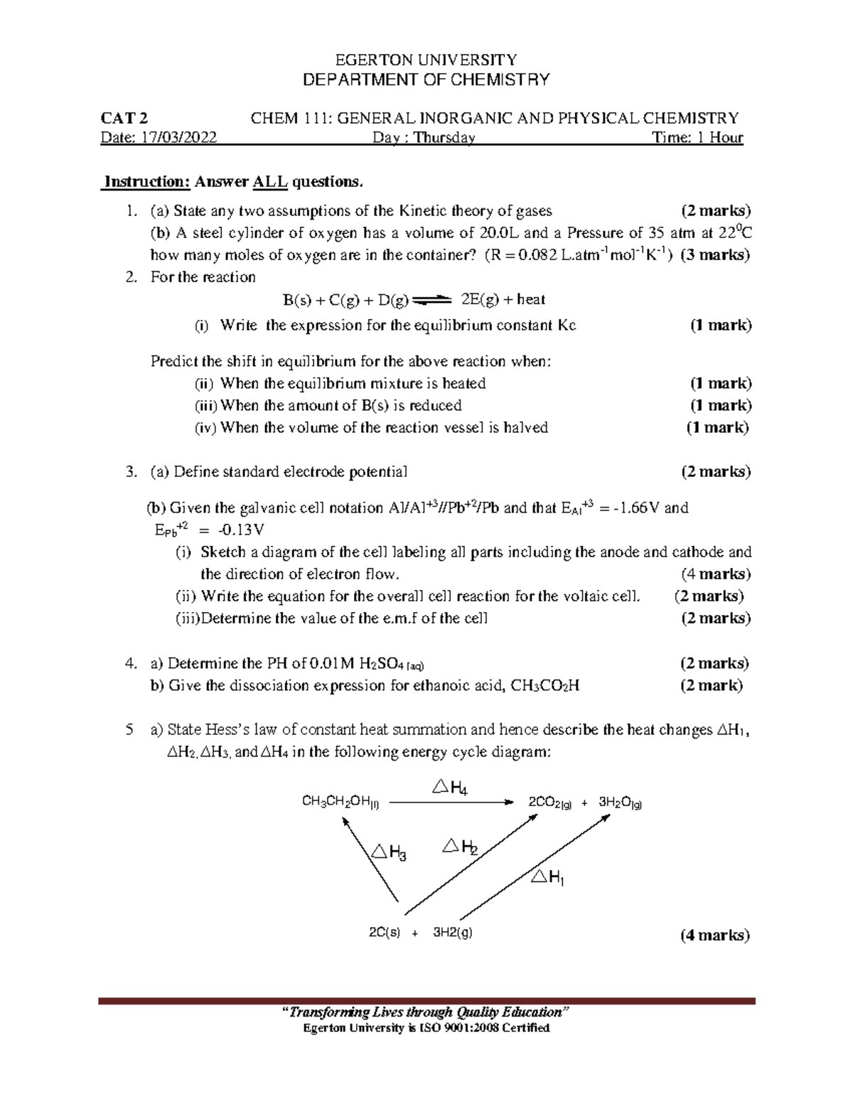 CHEM 111 CAT 2 2022.introduction to inorganic chemistry cat for AGED ...