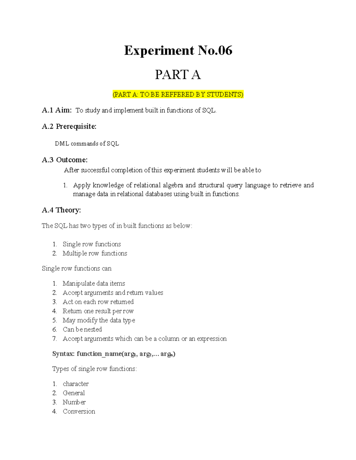 DBMS Practical 6 Devanshu C121 - Experiment No. PART A (PART A: TO BE ...