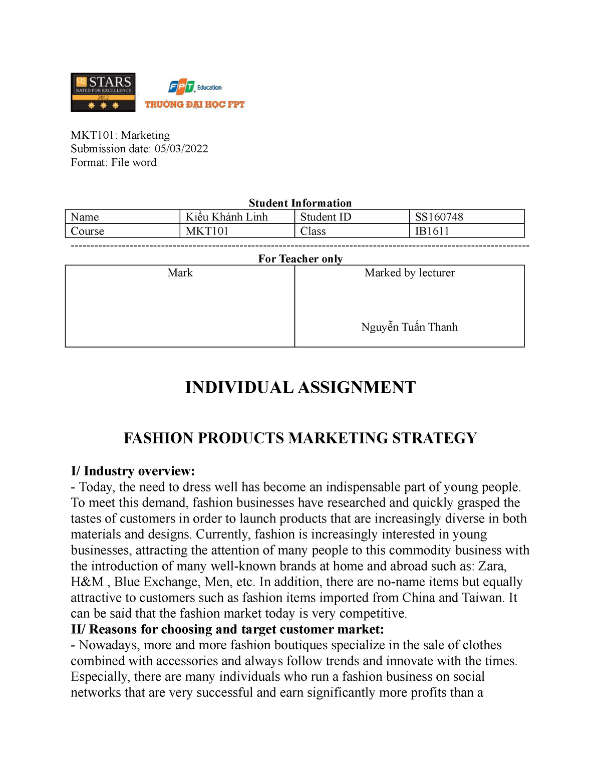 Individual Ass MKT101 - Assignment Marketing 101 Miêu Tả Về Bài Làm Của ...