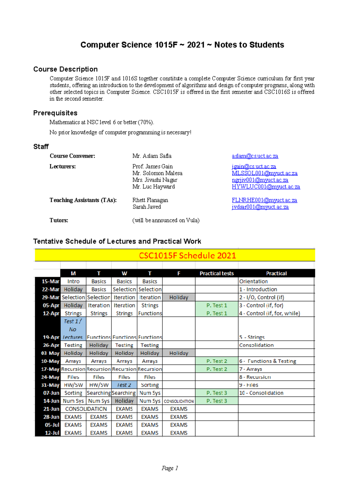 Course info - Computer Science 1015F ~ 2021 ~ Notes to Students Course ...