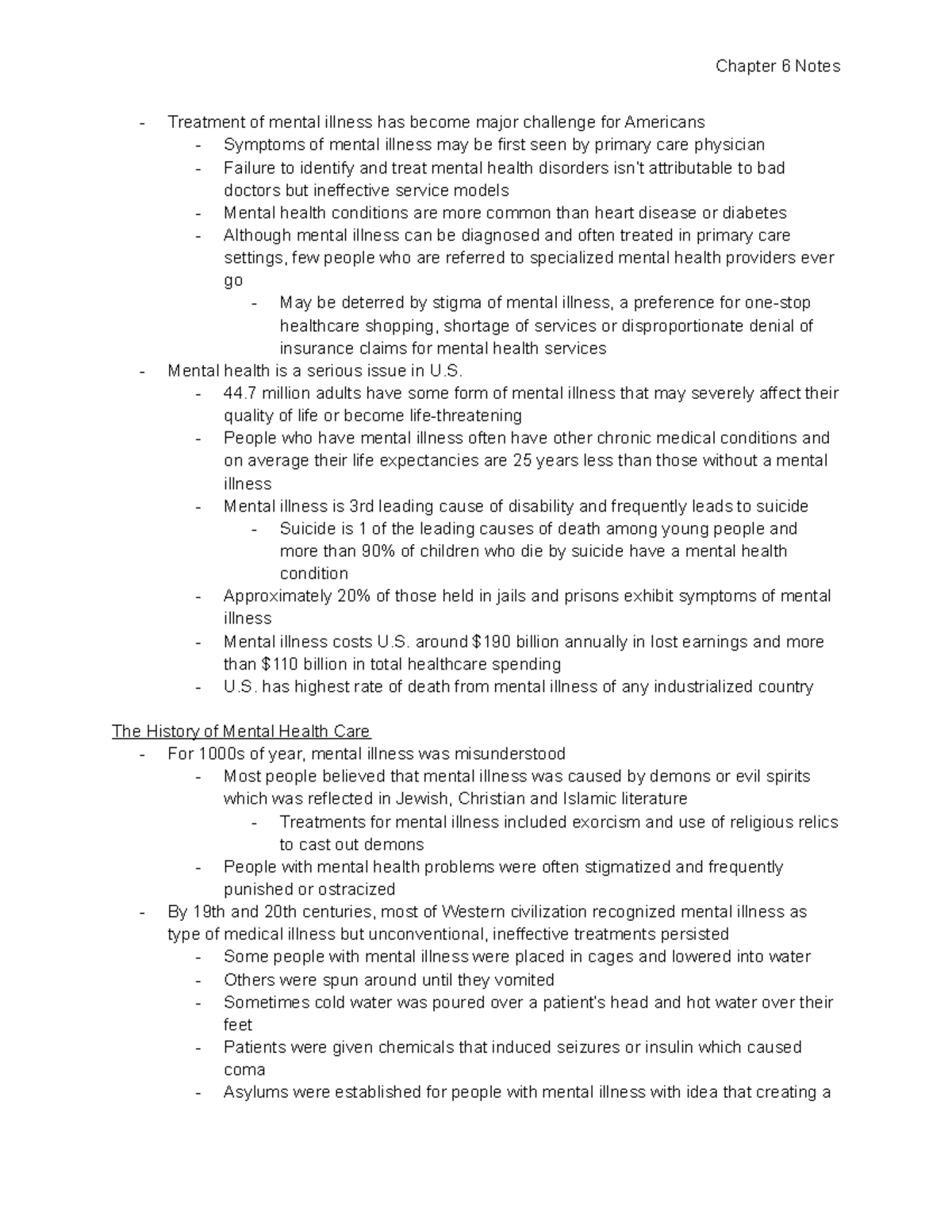 Chapter 6 Notes - Treatment of mental illness has become major ...