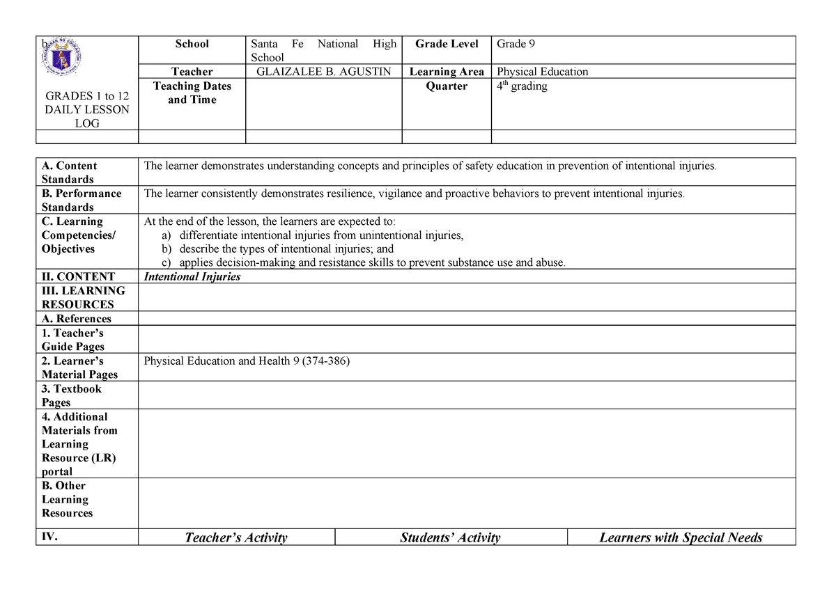 Intentional Injuries - Lesson Plan - b GRADES 1 to 12 DAILY LESSON LOG