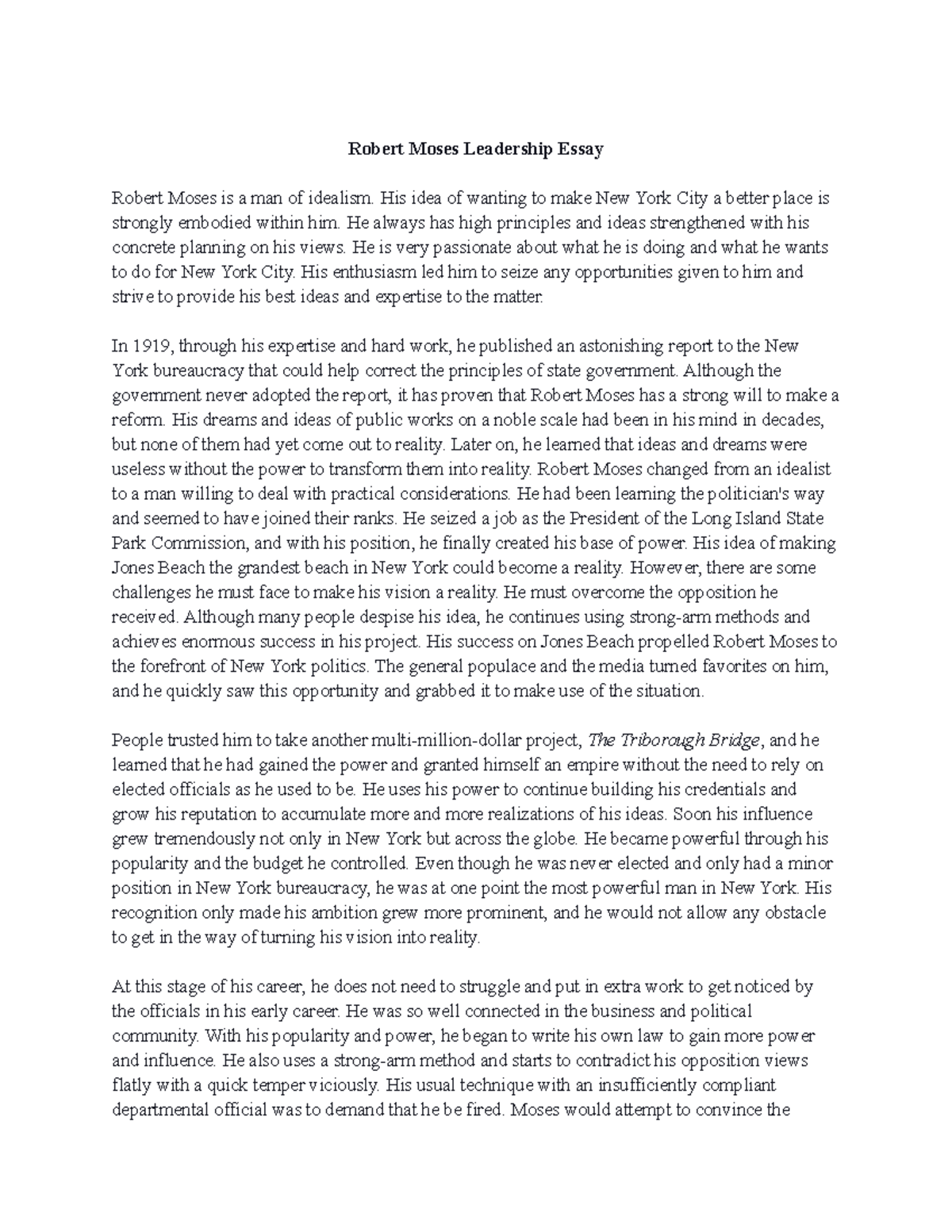 Robert Moses leadership essay - Robert Moses Leadership Essay Robert ...
