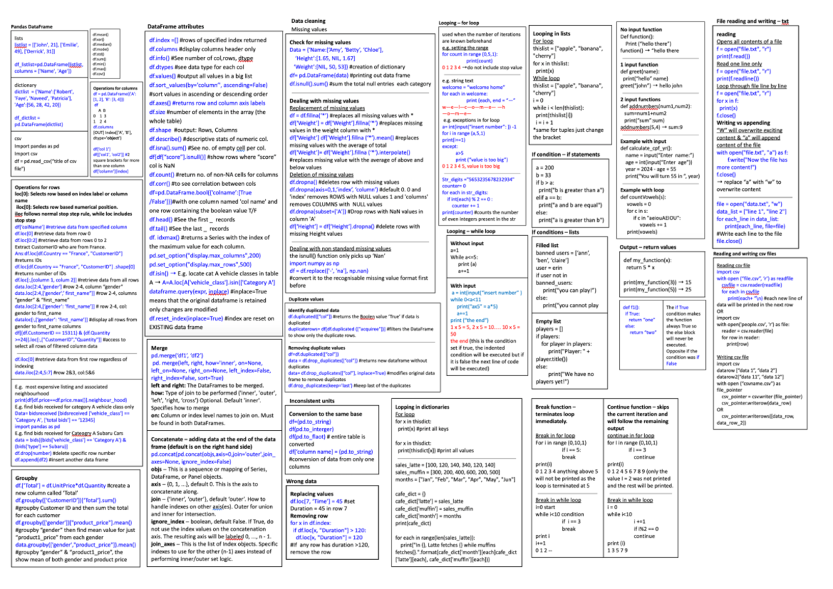 Final Python Cheat Sheet - Data cleaning Looping loop File reading and ...