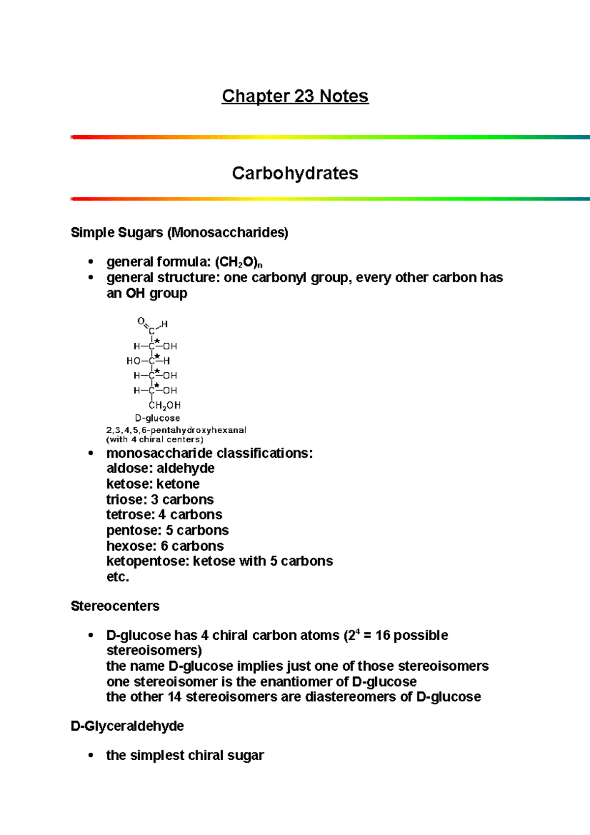 Chapter 23 Notes Chapter 23 Notes Carbohydrates Simple Sugars