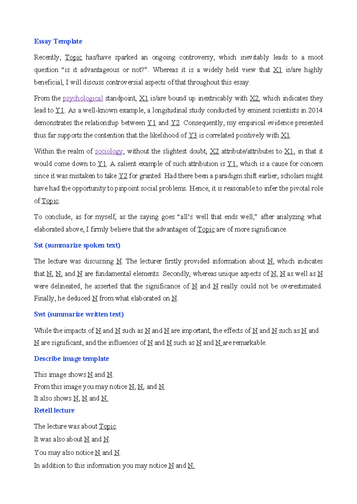PTE Templates - BCDJ DJDCN - Essay Template Recently, Topic has/have ...