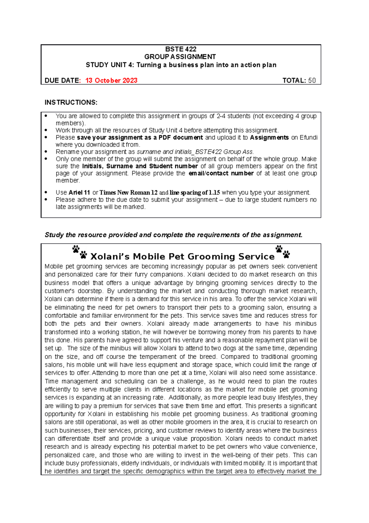 BSTE 422 Group Assignment 2023 - BSTE 422 GROUP ASSIGNMENT STUDY UNIT 4 ...