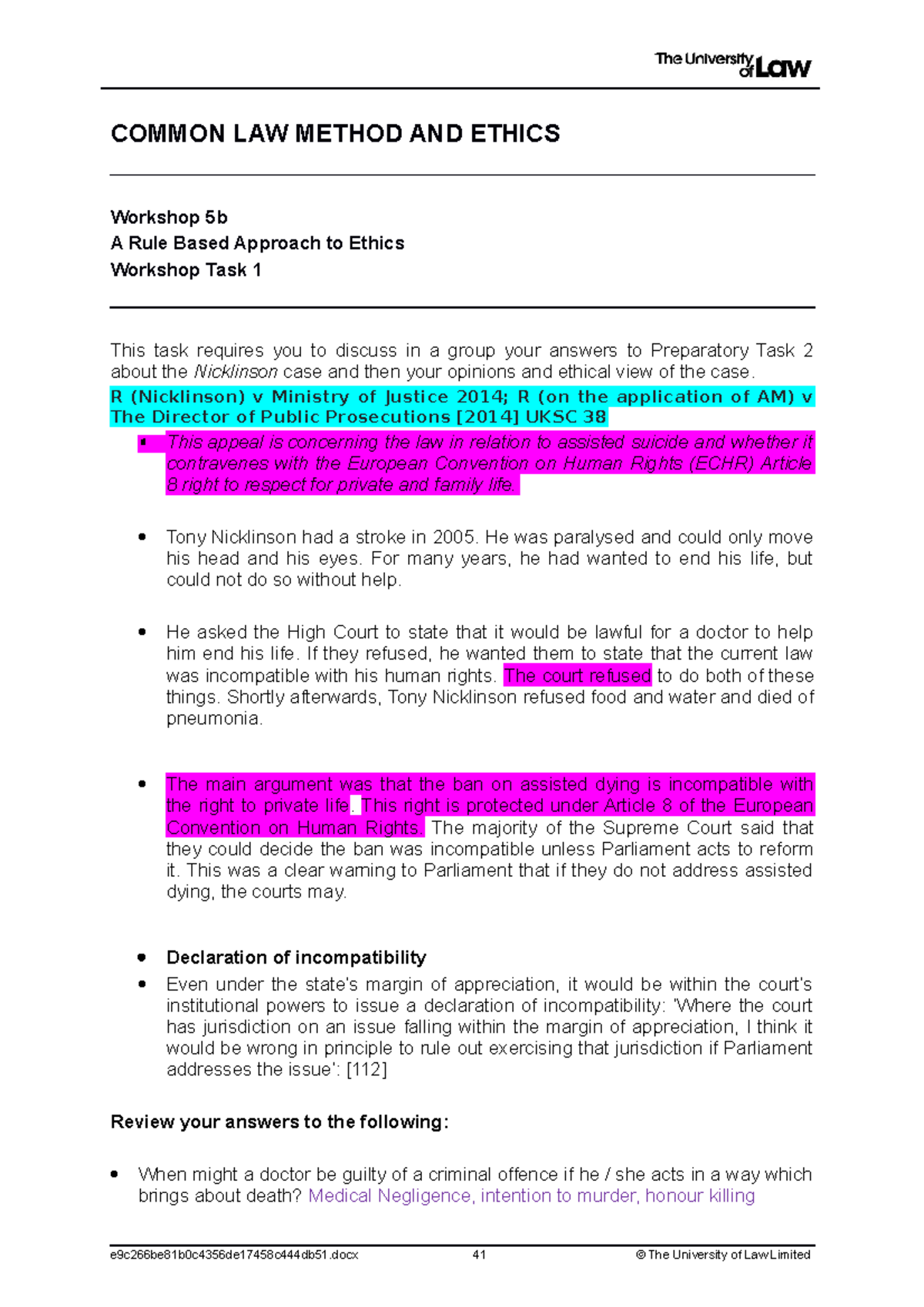 Ethics WS 5B TASK 1 - Ws5 Task 1 - COMMON LAW METHOD AND ETHICS ...