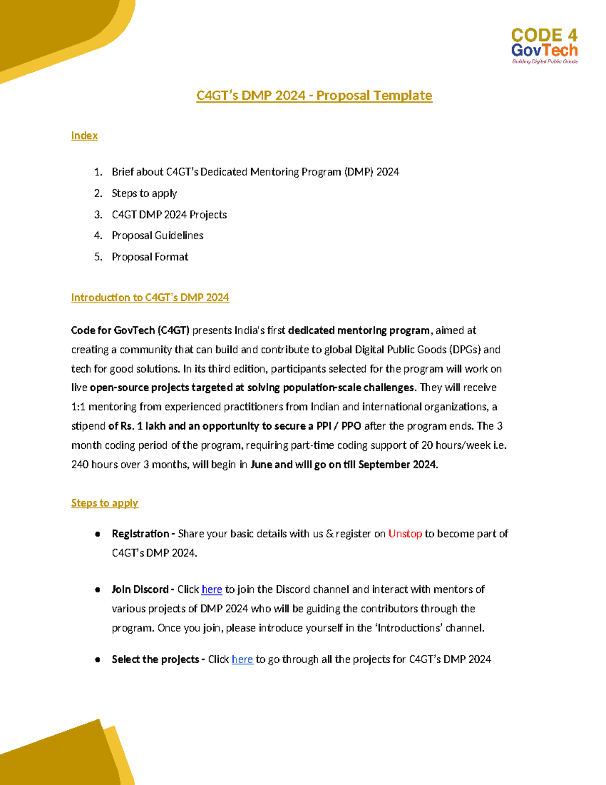 Proposal Template DMP 2024 - C4GT’s DMP 2024 - Proposal Template Index ...