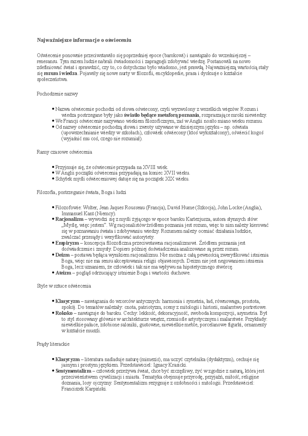 Oświecenie - notatki - Najważniejsze informacje o oświeceniu Oświecenie