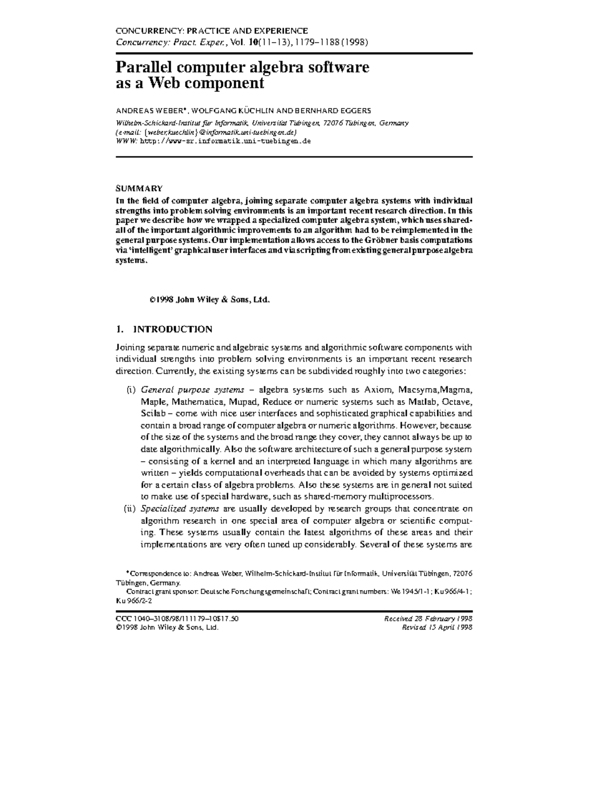 Parallel computer algebra software as a Web component Weber ...