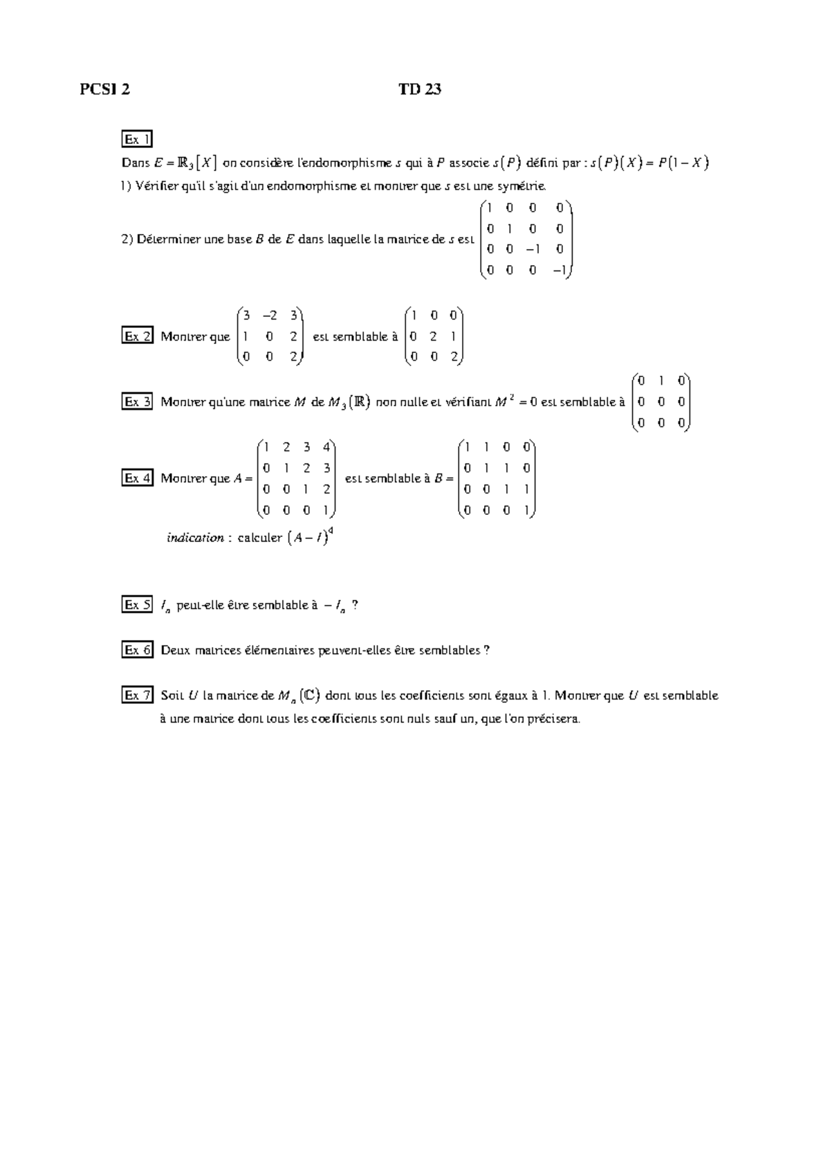 Matrices d'application linéaires/Changement de bases - PCSI 2 TD 23 3