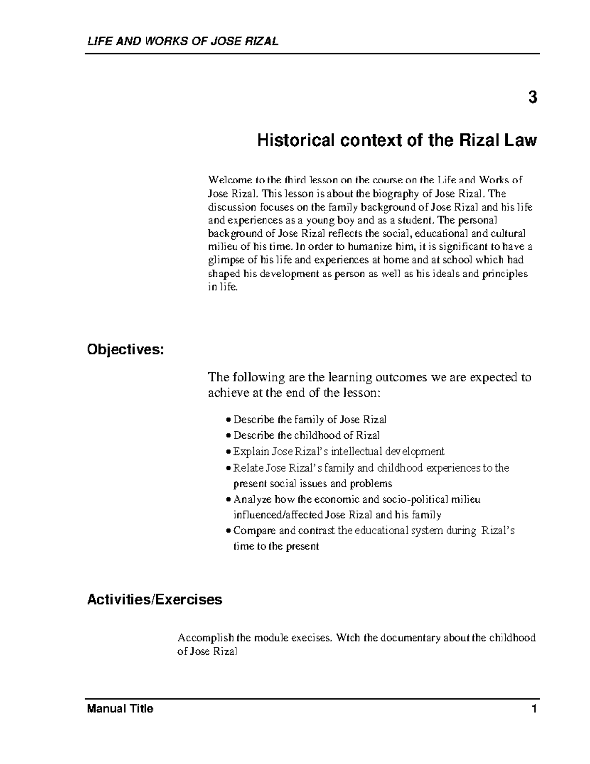 Rizal Lesson 3 Childhood And Intellectual Development - LIFE AND WORKS ...