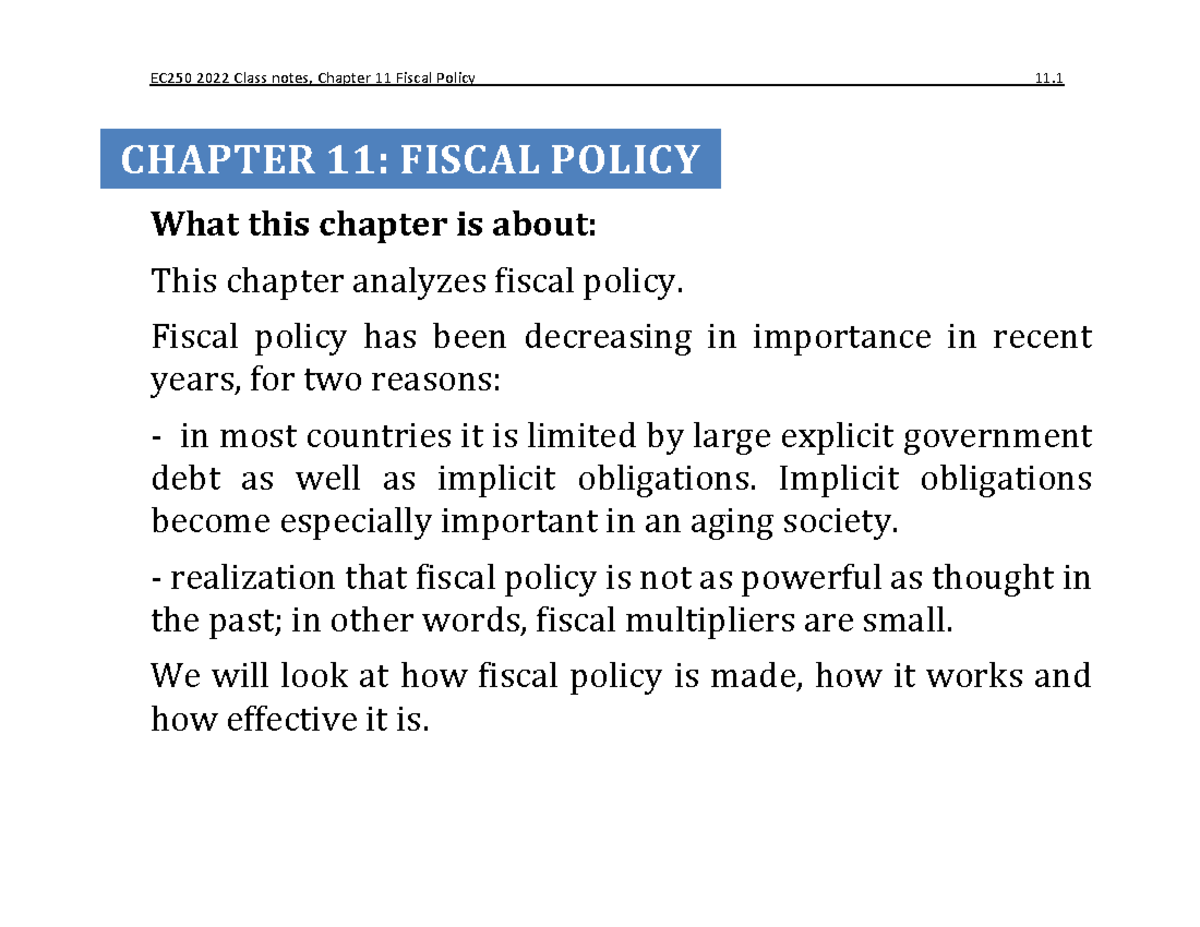 11. 2022 Fiscal policy class notes - What this chapter is about: This ...
