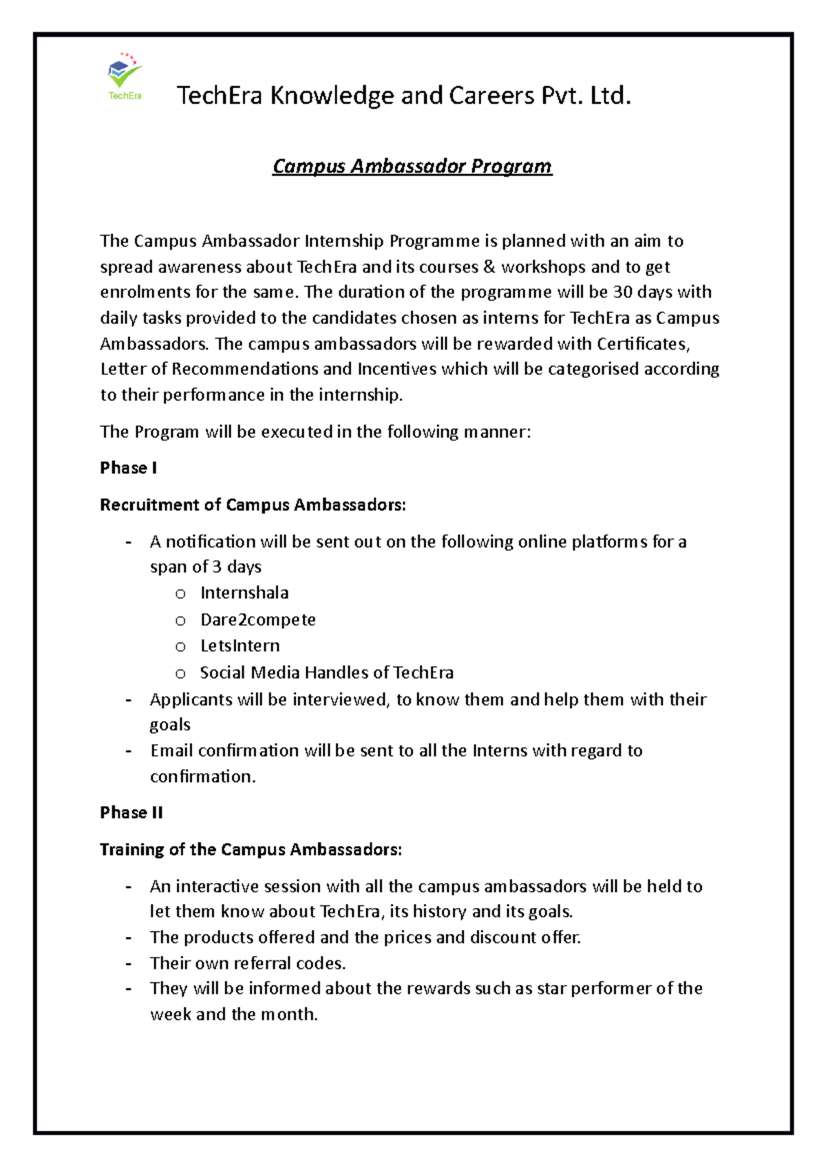 Tech Era Campus Ambassador Program - TechEra Knowledge and Careers Pvt ...