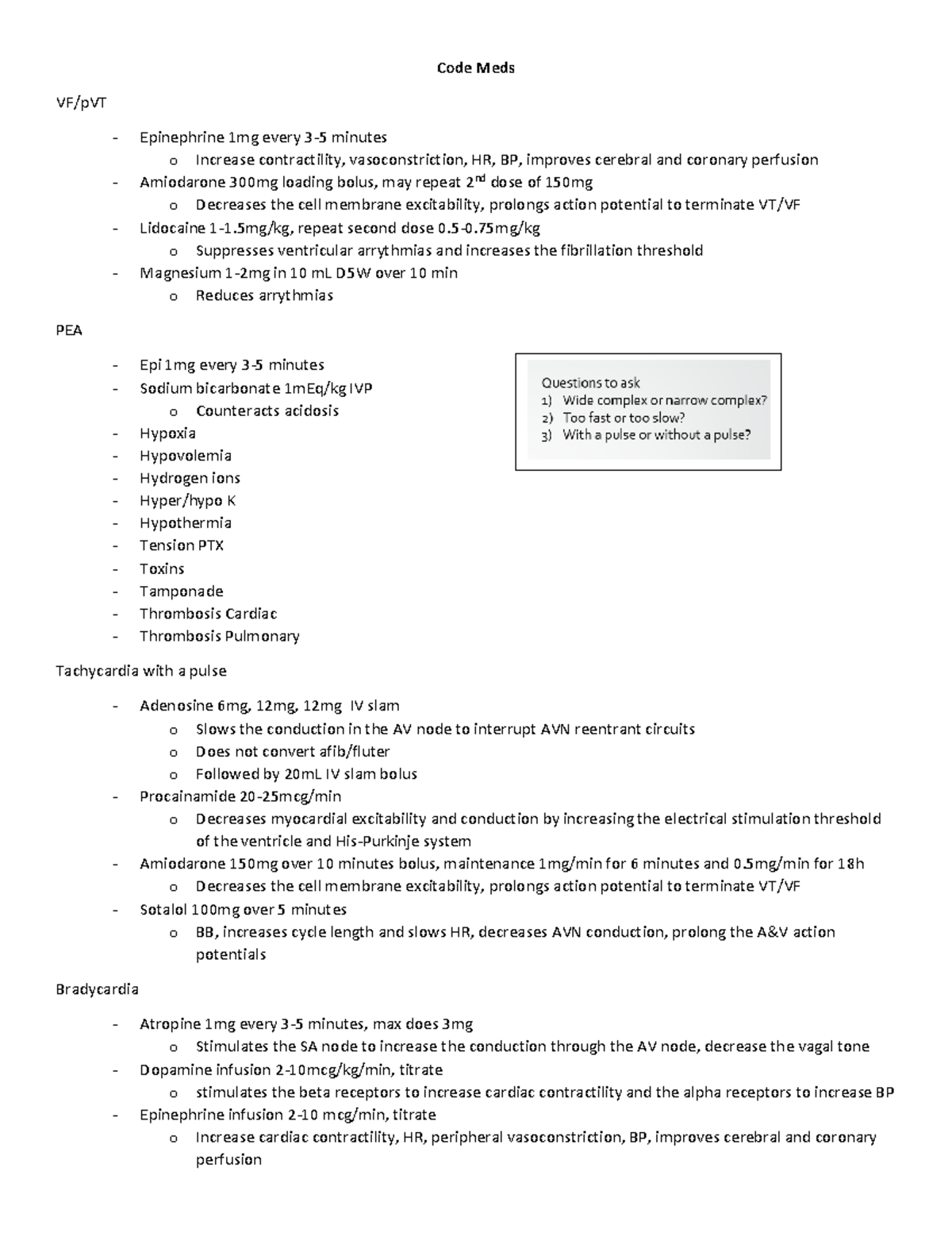 Code Meds cheat sheet medications used for codes Code Meds VF/pVT