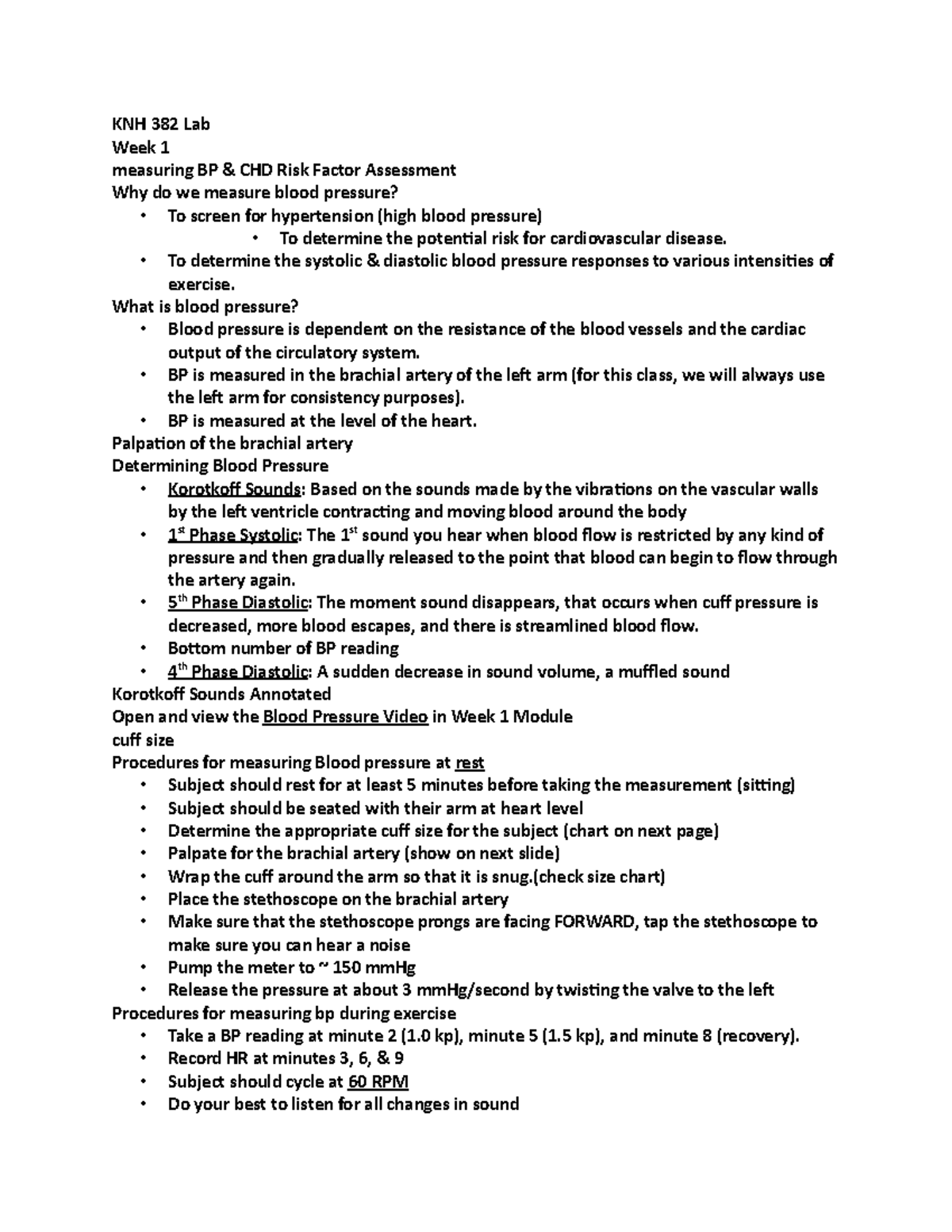 Week 1 Notes Presentation - KNH 382 Lab Week 1 measuring BP & CHD Risk ...