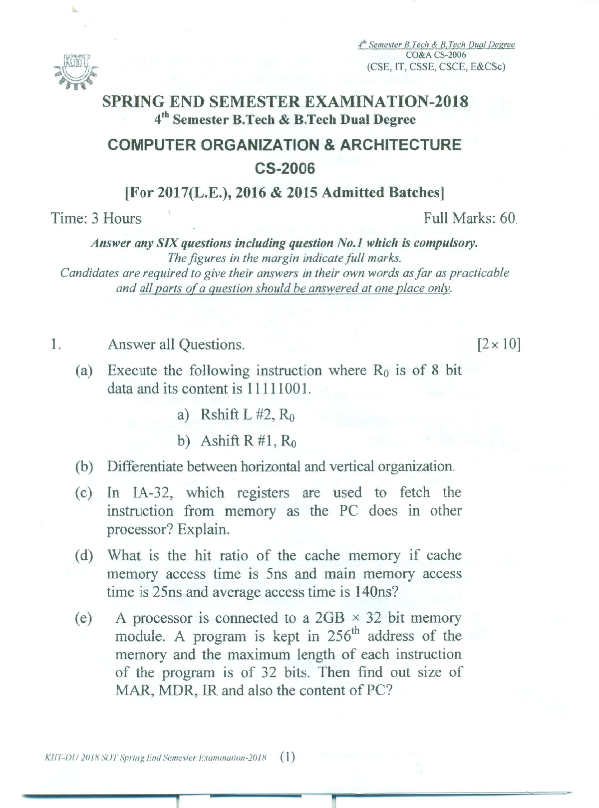 4th Semester , B.Tech Dual Degree, Computer Organization Architecture ...