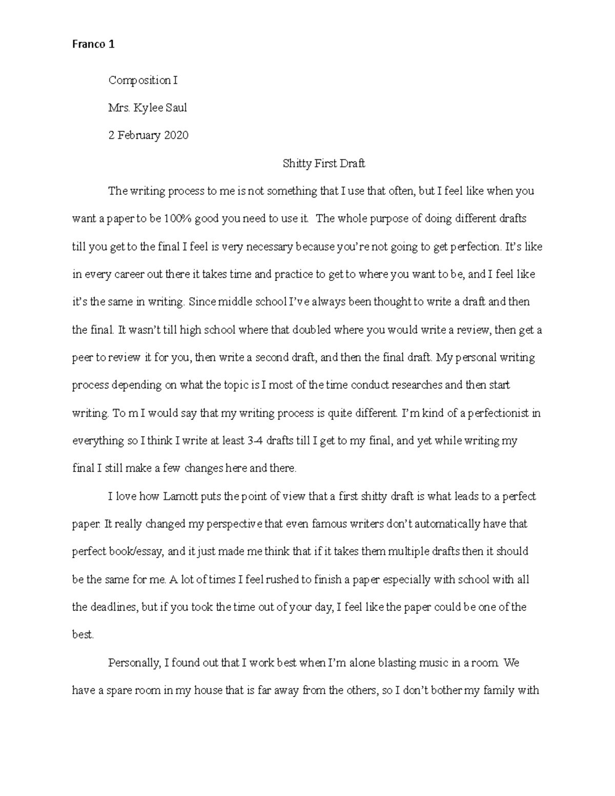 Shitty First Draft - Franco 1 Composition I Mrs. Kylee Saul 2 February ...