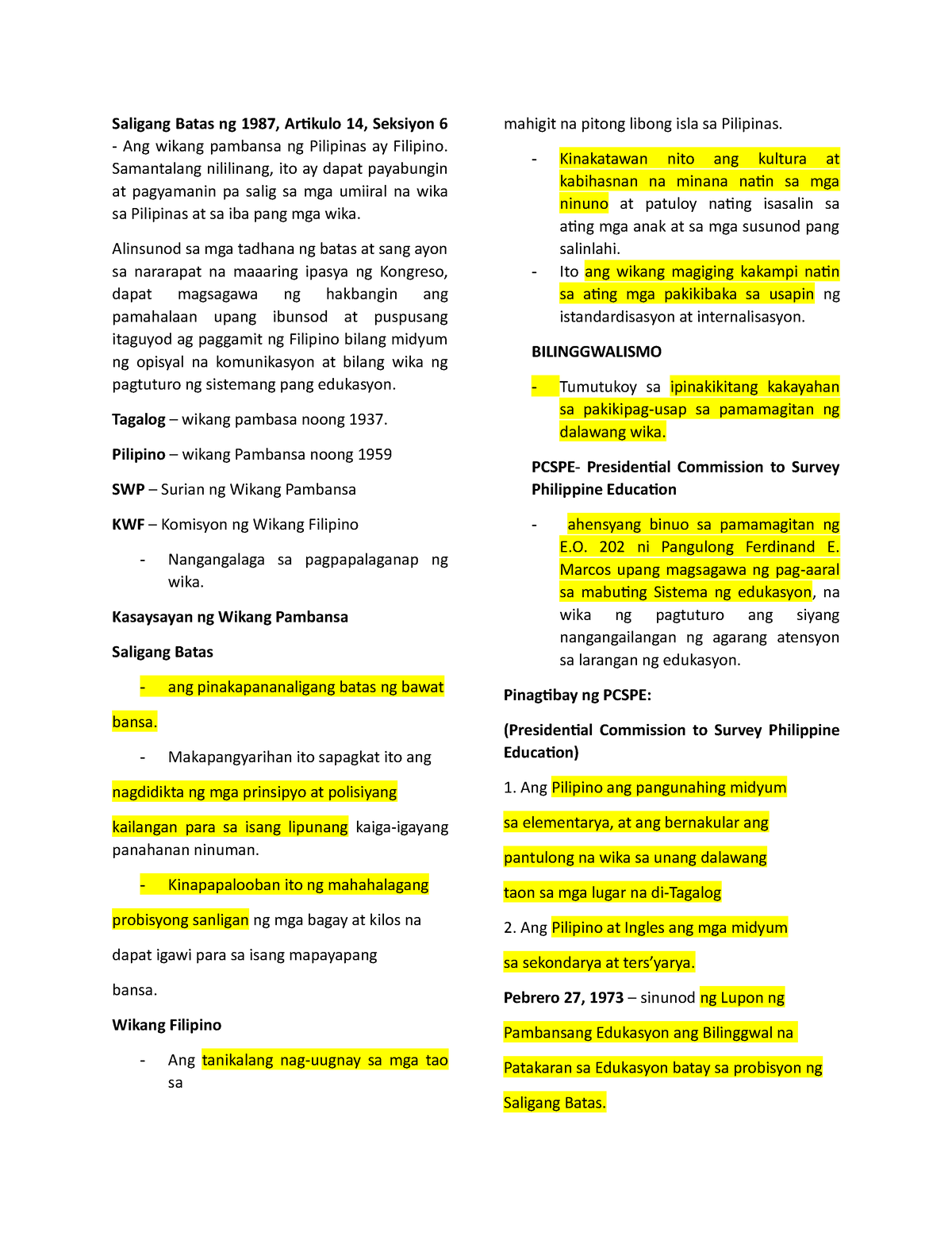 Reviewer Prelims Gefil Saligang Batas Ng 1987 Artikulo 14 Seksiyon 6 Ang Wikang Pambansa 4303