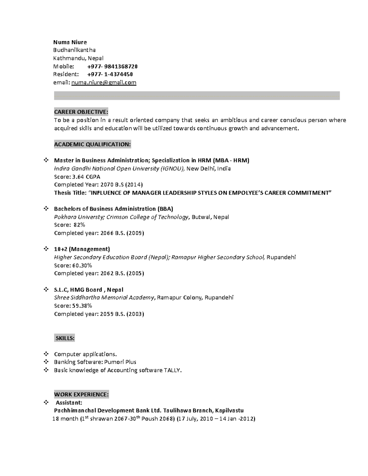 Numa cv - For a clear view of how to write a resume - Numa Niure ...