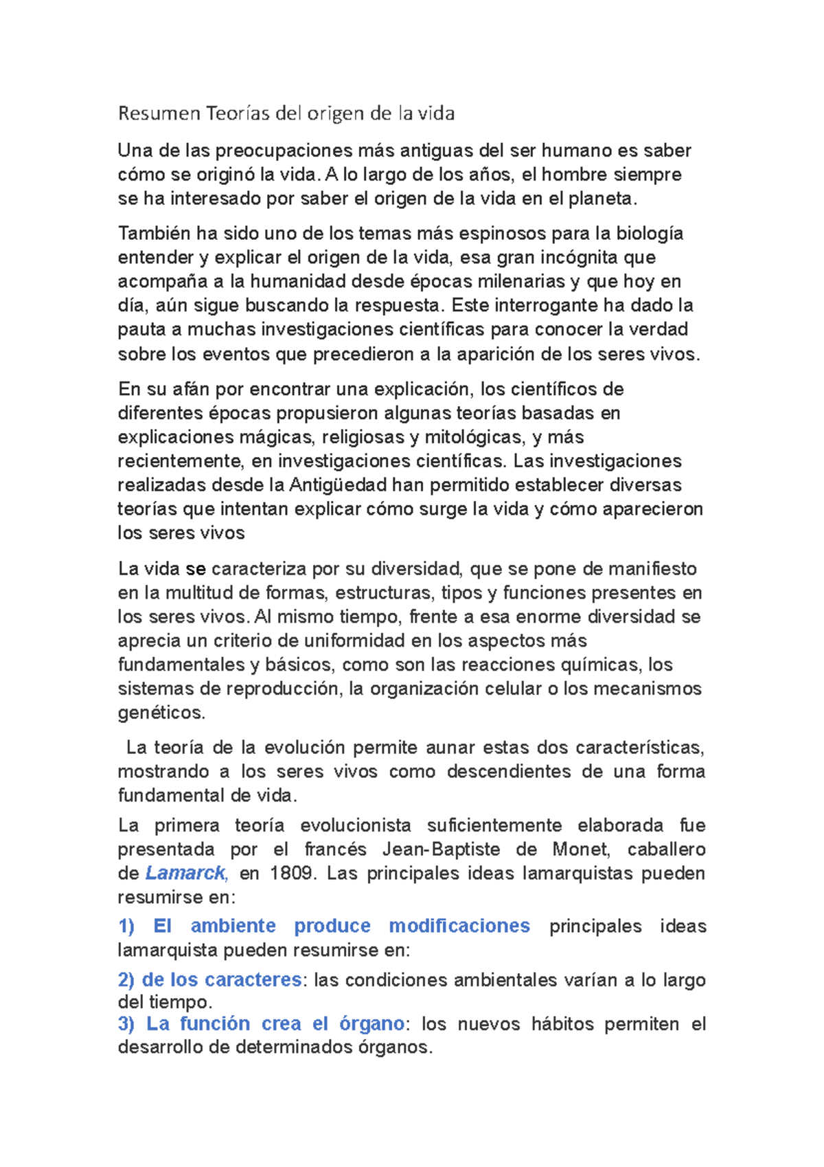 Resumen Teorías del origen de la vida - A lo largo de los años, el ...