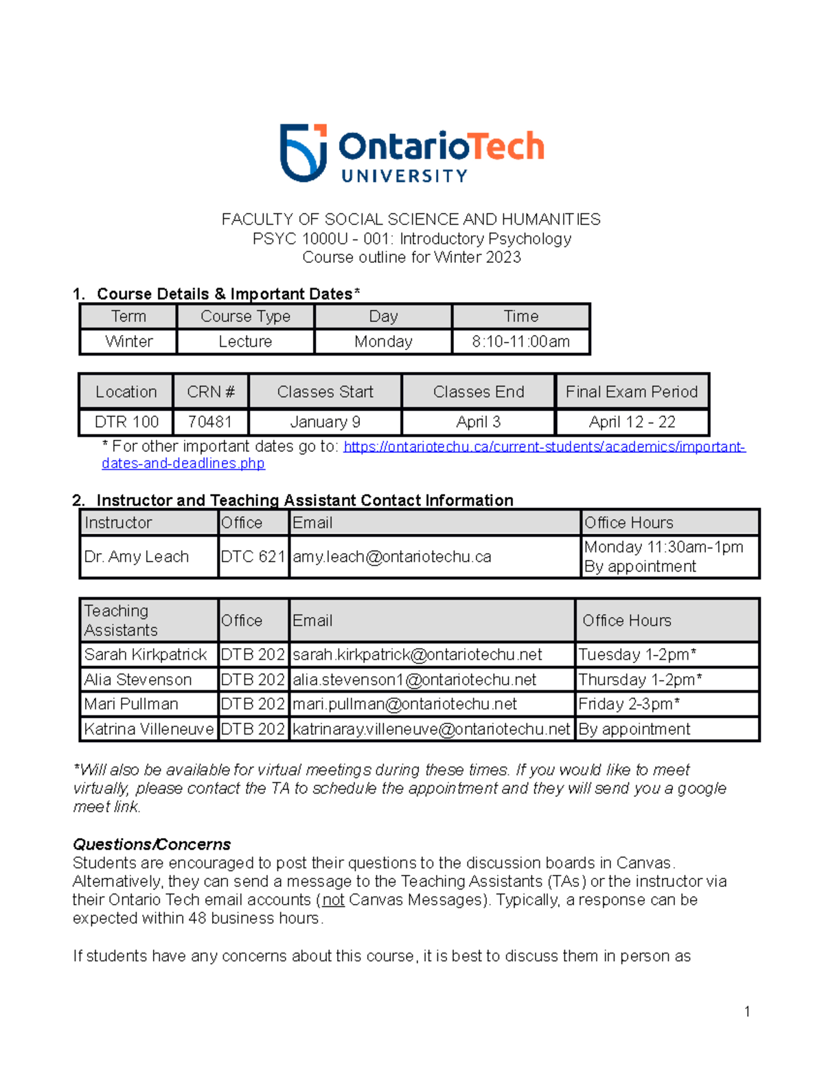 Course Outline Introductory Psychology Winter 2023 001-1 - FACULTY OF ...