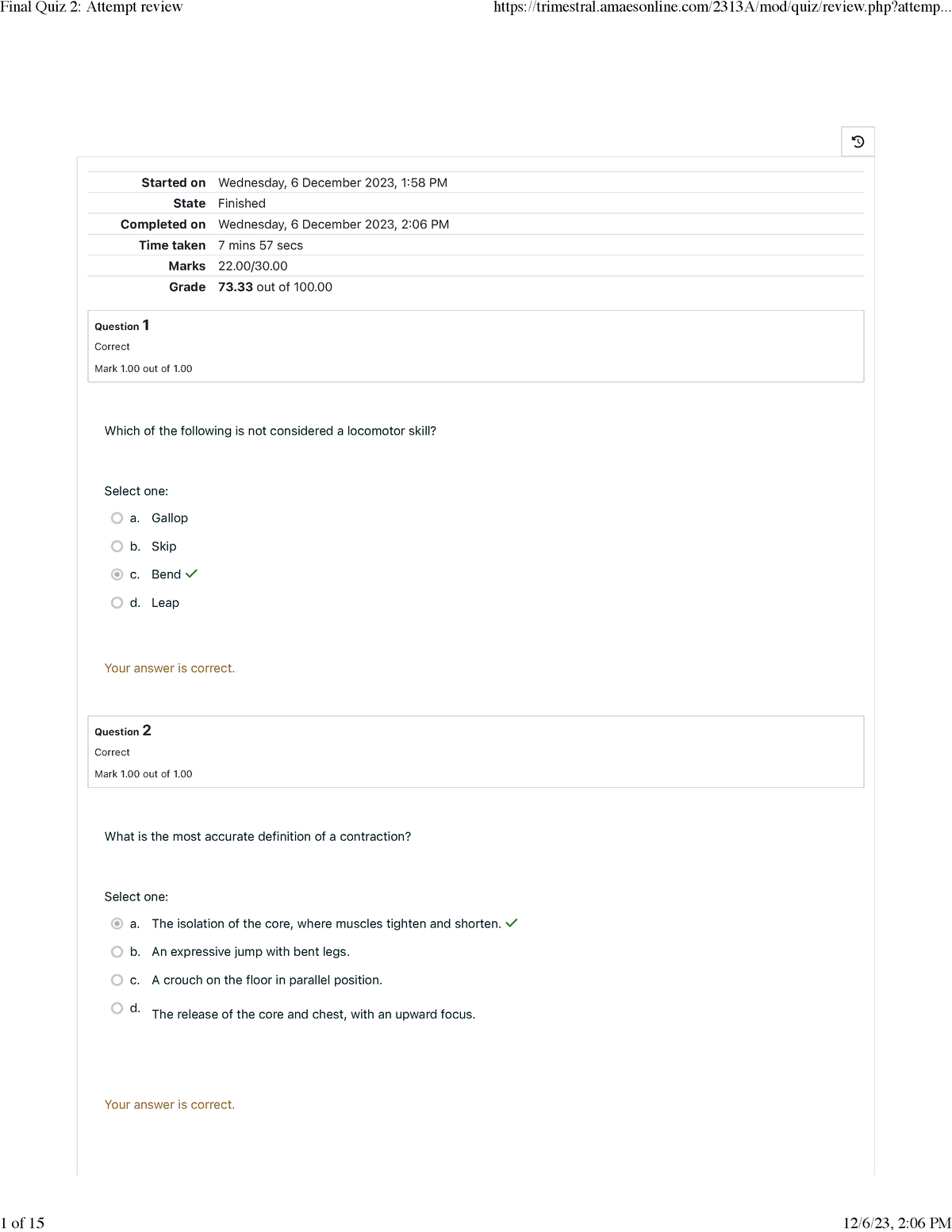 Final Quiz 2 Attempt review - Started on Wednesday, 6 December 2023, 1: ...